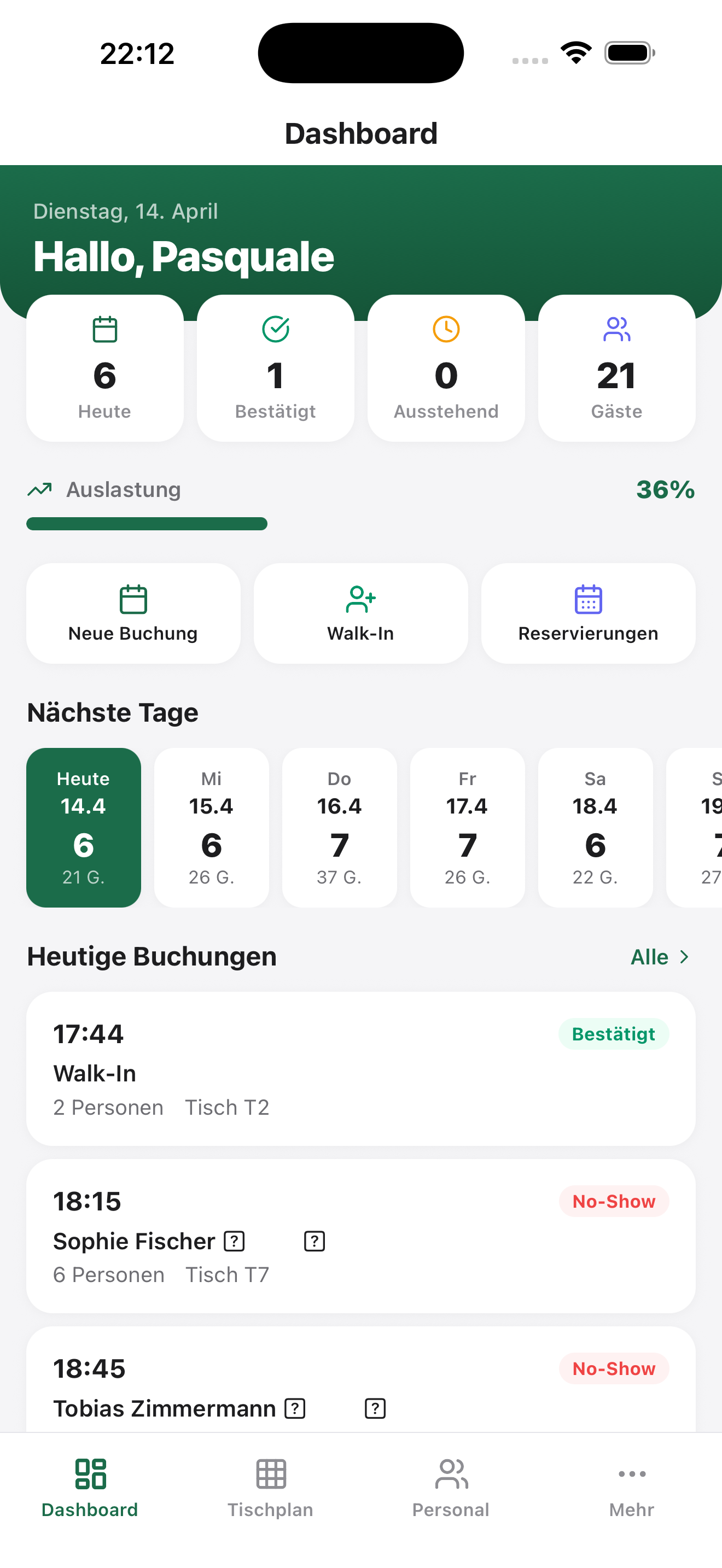 Echter Screenshot der Resvo iPhone-App mit Dashboard und Reservierungen